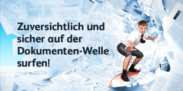 ein Mann im Anzug surft auf einer Papierwelle