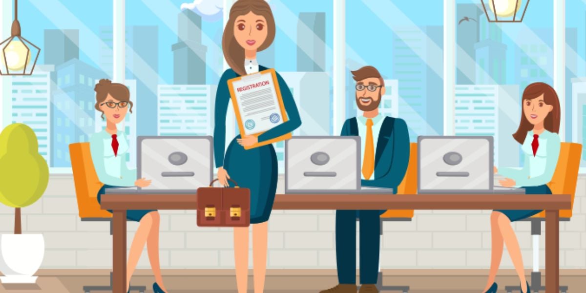 Büroillustration mit Registrierung – Businessfrau präsentiert Zertifikat vor Team im modernen Grossraumbüro