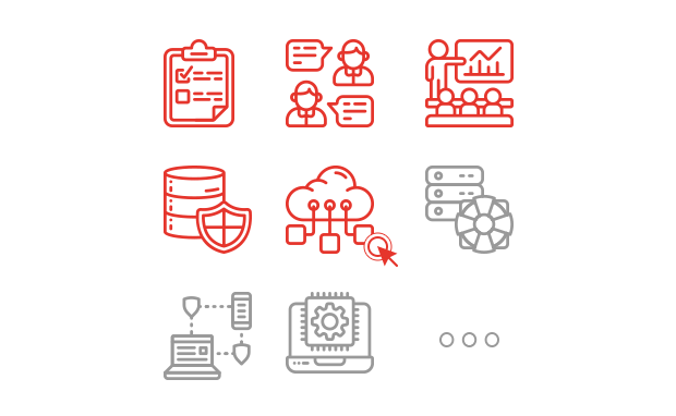 Icons für IT-Services wie Cloud Computing, Datensicherheit, Support, Servermanagement und digitale Schulung – modernes Line-Art-Design in Rot und Grau für Schweizer IT-Dienstleister