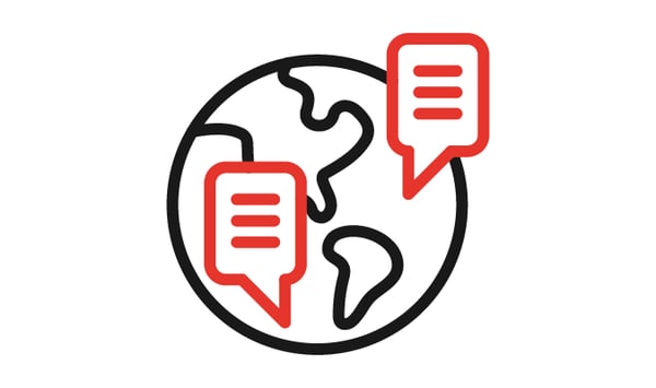 Verfügbarkeit: Symbolische Darstellung einer Weltkugel mit zwei Sprechblasen, die globale Kommunikation und den weltweiten Zugang zu Informationen visualisieren.