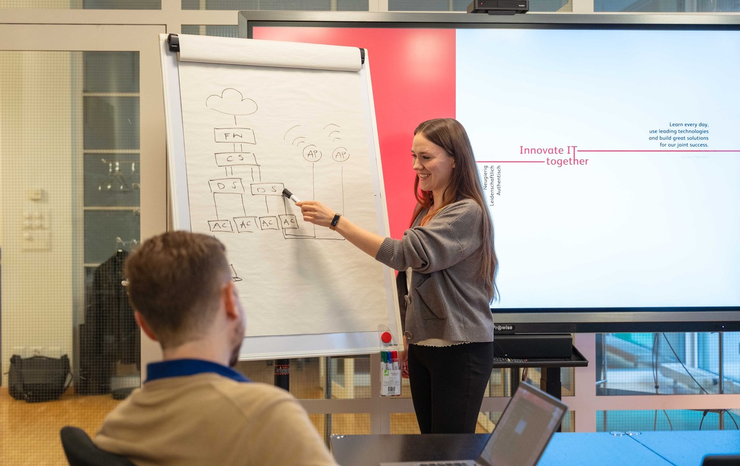 Mitarbeiterin erklärt Arbeitskollegen Fachinhalte