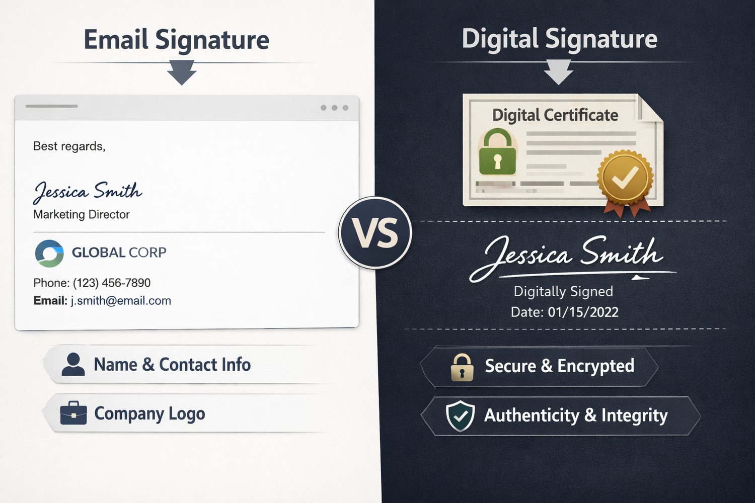 The image depicts a splitscreen design illustrating the differences between an email signature and a digital signature On the left side a classic emai