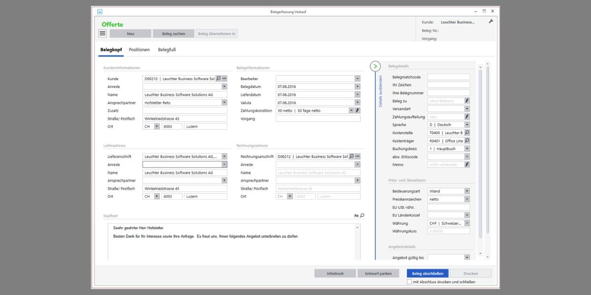 Offertmaske in Schweizer ERP-Software mit Kundendaten, Lieferadresse und Preisangaben in CHF
