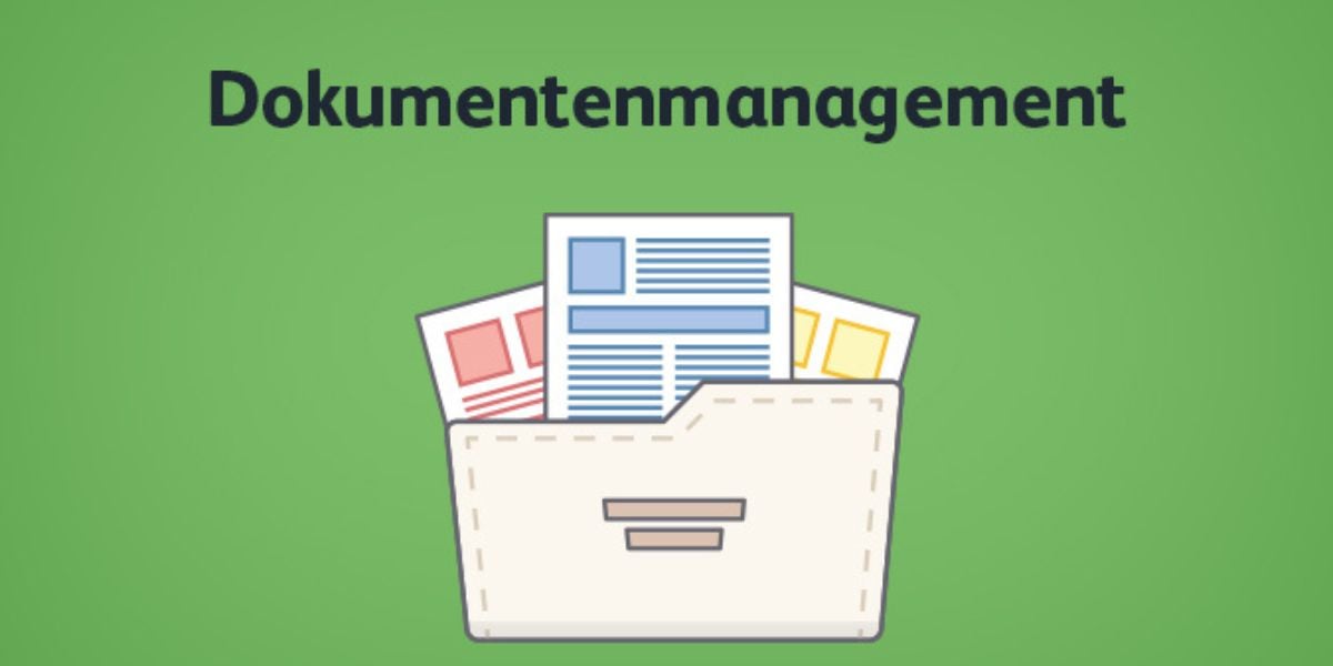 Dokumentenmanagement Symbolbild – digitale Dokumente in Ordner auf grünem Hintergrund illustriert