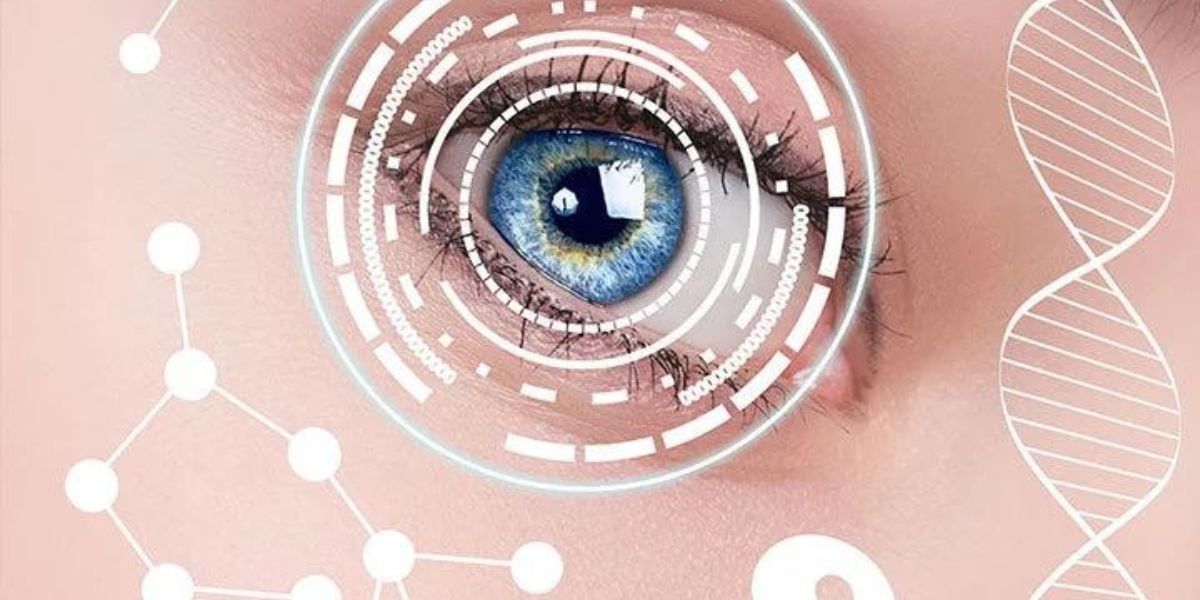 Biometrische Augen-Erkennung – Nahaufnahme eines blauen Auges mit digitalen Scan-Elementen und DNA-Struktur im Hintergrund