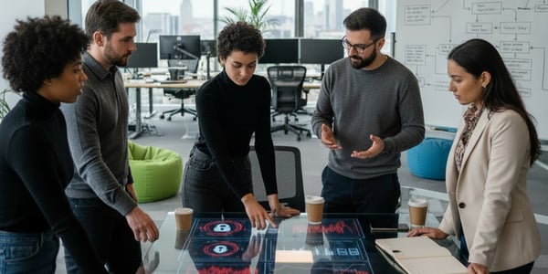 Fünf Personen stehen einen Glastisch mit digitalen Security-Diagrammen 