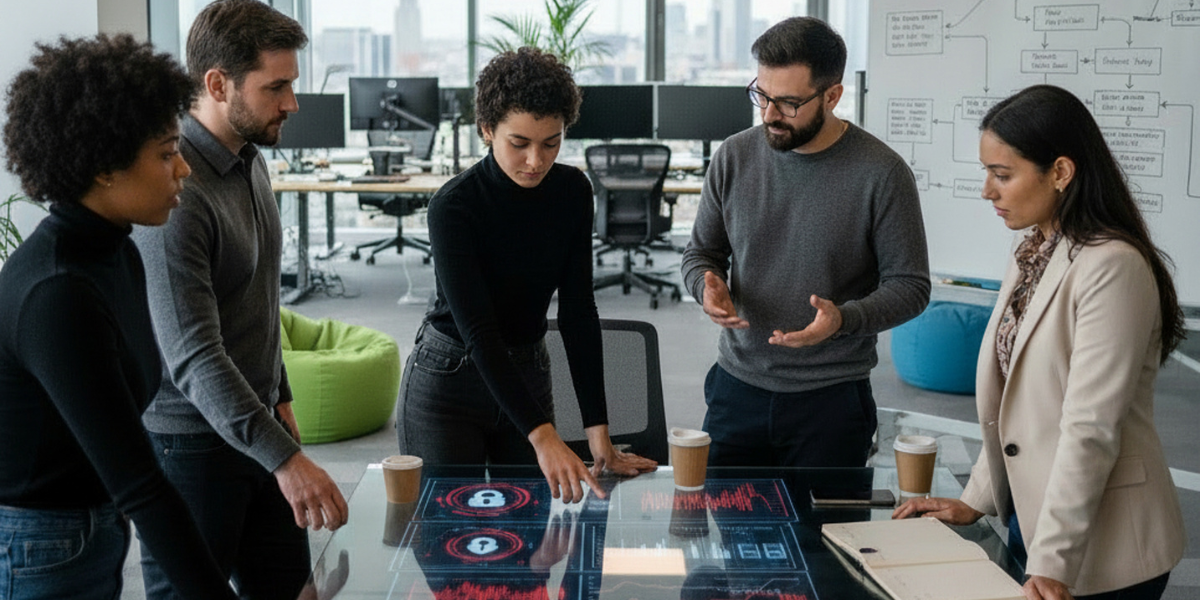 Fünf Personen stehen einen Glastisch mit digitalen Security-Diagrammen