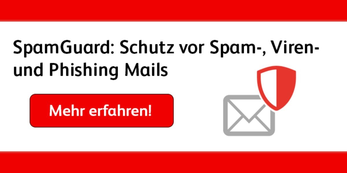 SpamGuard Schutz vor Phishing und Viren – Werbegrafik mit Schildsymbol, E-Mail-Icon und Button „Mehr erfahren!“