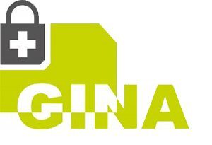 GINA Gesundheitsdossier Logo – grüner Ordner mit Schloss und weissem Kreuz für sichere elektronische Patientendaten