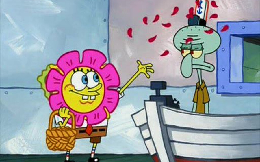 Spongebob wirft Blumen über Thaddäus