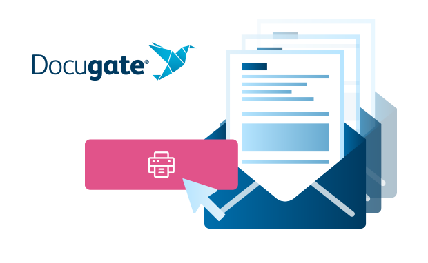 Illustration der Docugate Serienbrief Funktion auf Knopfdruck zeigt mehrere Briefe in Couvert, davor ein Button mit Print-Icon
