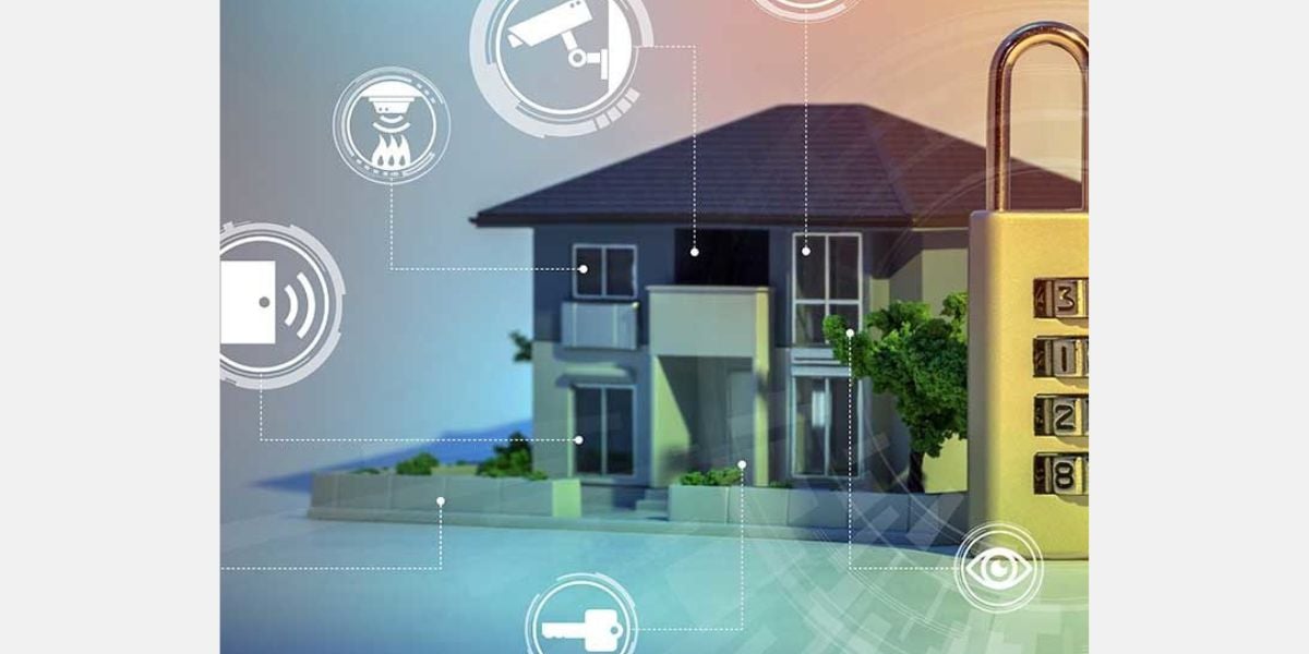 Smart Home Sicherheit – modernes Einfamilienhaus mit digitalem Vorhängeschloss und vernetzten Sicherheits-Icons