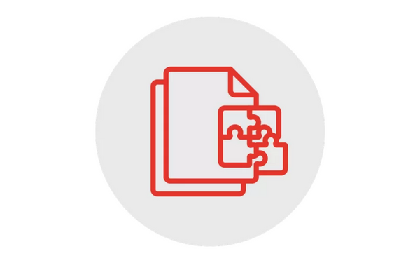Rotes Icon mit zwei überlappenden Dokumenten und einem Puzzlestück, das für Integration oder Datenzusammenführung steht.