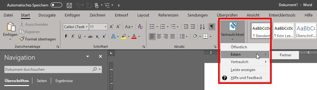 Azure Information Protection Ribbon Vertraulichkeit Bild