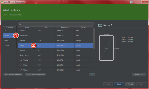 Android Emulator Assistent auswahl Gerätetyp
