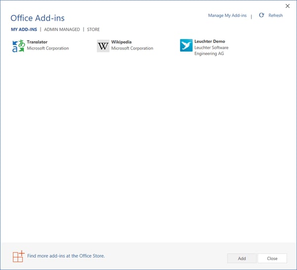 Web Add-In Übersicht Screenshot Bild