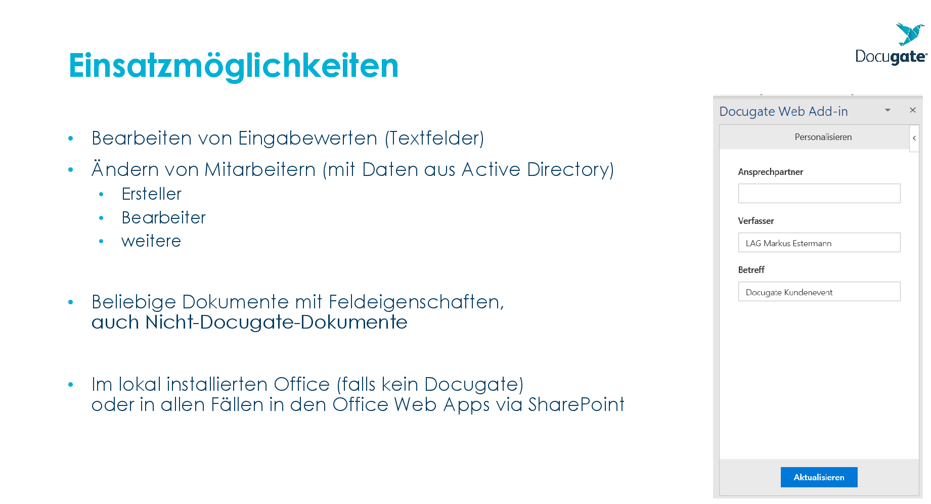 Docugate O365-Addin Einsatzmöglichkeiten Bild