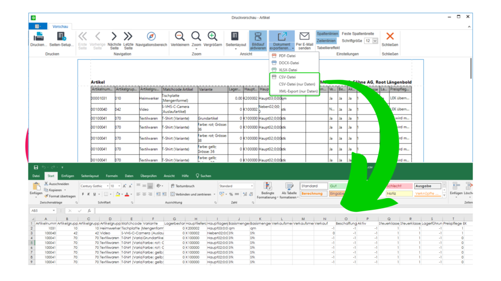Sage 100 Version 9.0.1 Excel Export Bild