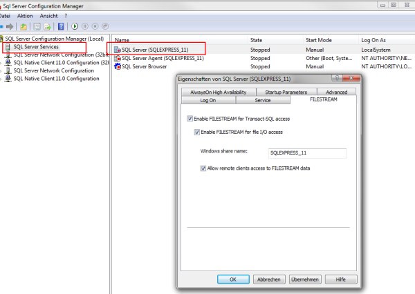 Filestream Einstellungen