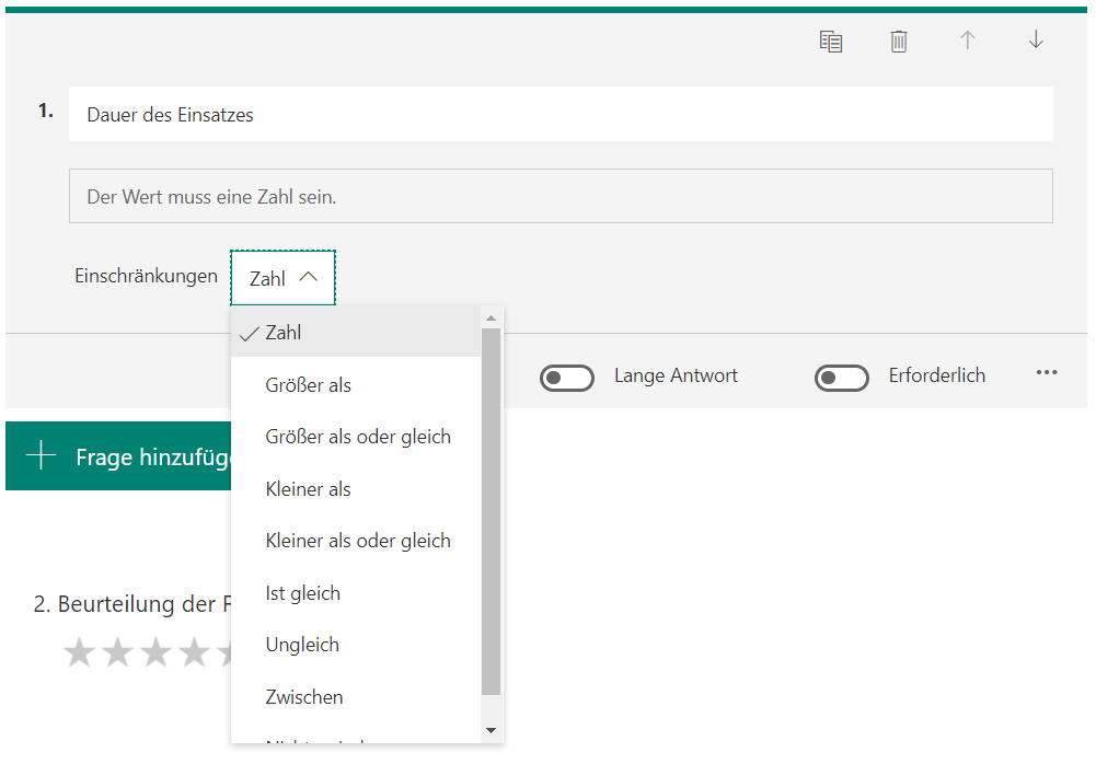 Microsoft Forms Zahlenfrage mit Einschränkungen – Formularfeld mit Auswahl wie „Grösser als“, „Zwischen“ oder „Ungleich“