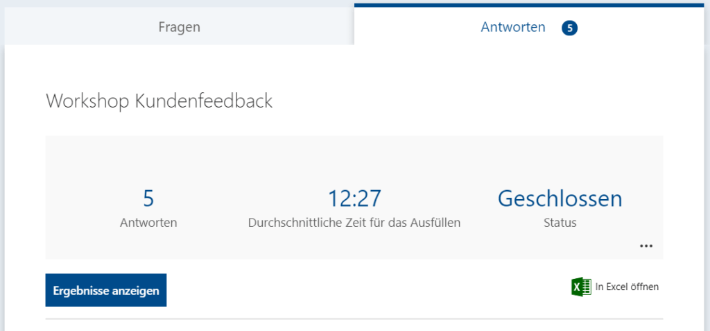 Microsoft Forms Auswertung Kundenfeedback – 5 Antworten mit Durchschnittszeit und Excel-Exportoption