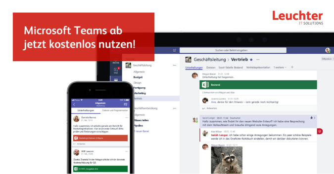 Microsoft Teams kostenlos nutzen – Leuchter IT Solutions zeigt Chatansicht auf Smartphone und Laptop