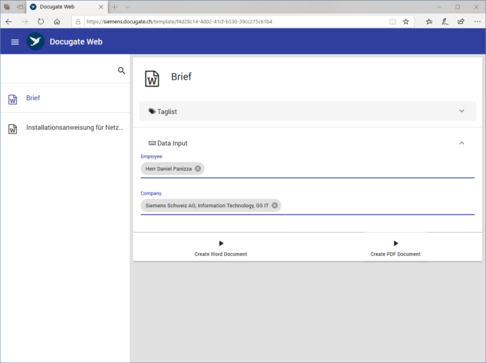 Docugate Web Oberfläche Brief Screenshot