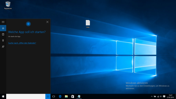 Windows 10 Desktop mit Cortana-Sprachsuche – Startbildschirm mit Aktivierungs-Hinweis und geöffneter Sprachsteuerung