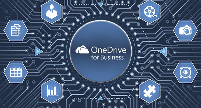 OneDrive for Business Grafik – zentrale Cloud-Plattform mit Symbolen für Dateien, Medien, Sicherheit und Zusammenarbeit