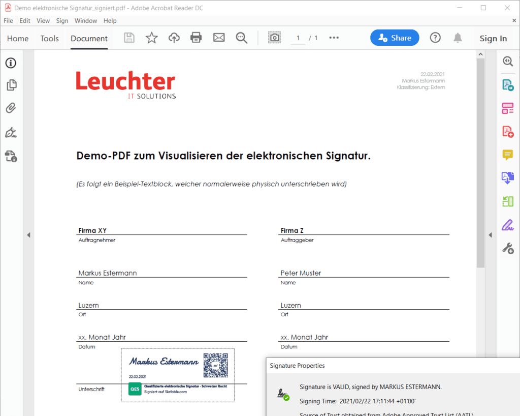 Ansicht eines QES-signierten PDF