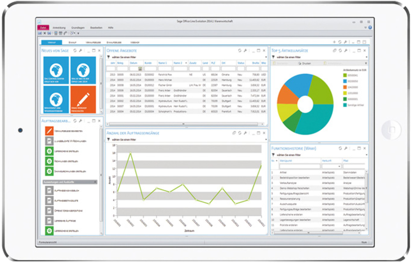 Sage ERP-Software auf Tablet – Dashboard mit Verkaufsstatistik, Angeboten und Auftragsanalyse