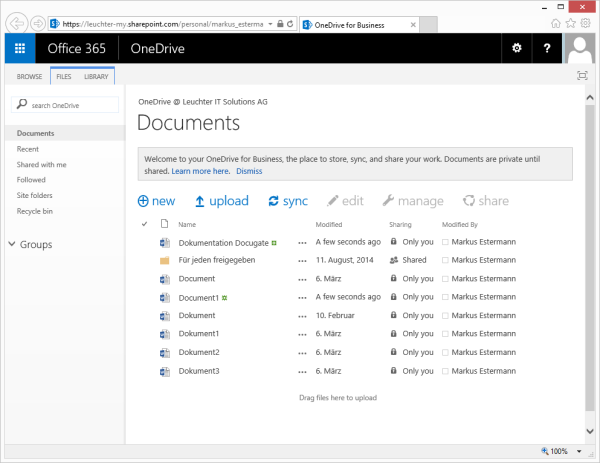 Screenshot OneDrive for Business Dateiablage