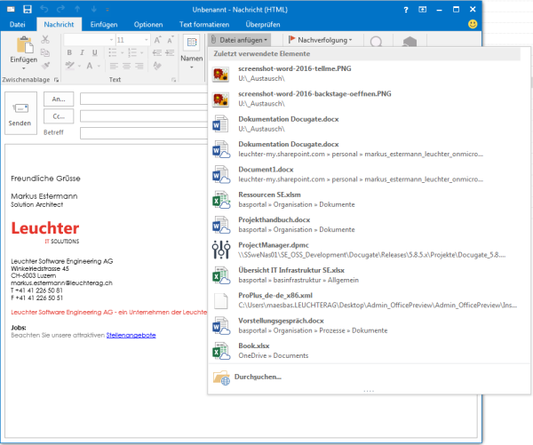 Screenshot Outlook 2016 Mail Attachment einfügen
