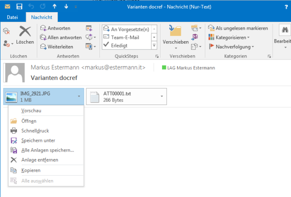 Screenshot Outlook 2016 Mail und Attachments
