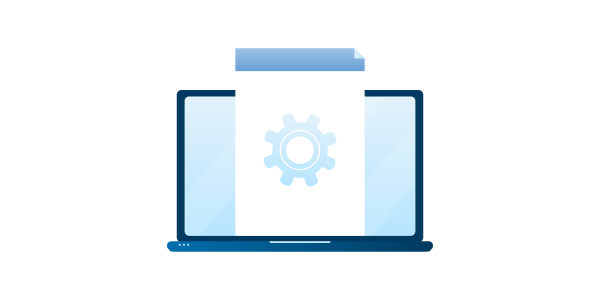 Grafik zeigt Laptop aus dem ein Dokument ragt mit Zahnrad, symbolisiert individuelle Dokumentenerstellung