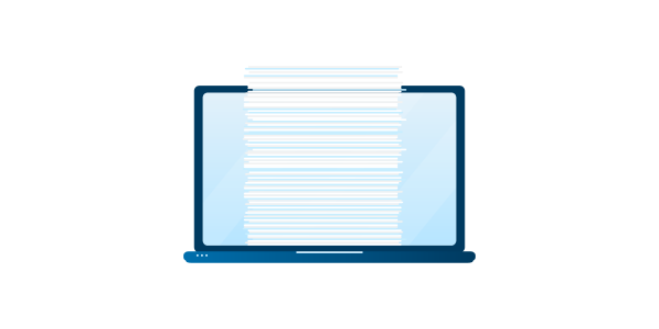 Grafik zeigt Laptop, aus dem Dookumentenstapel ragt; symbolisiert einfache Massenverarbeitung von Dokumenten