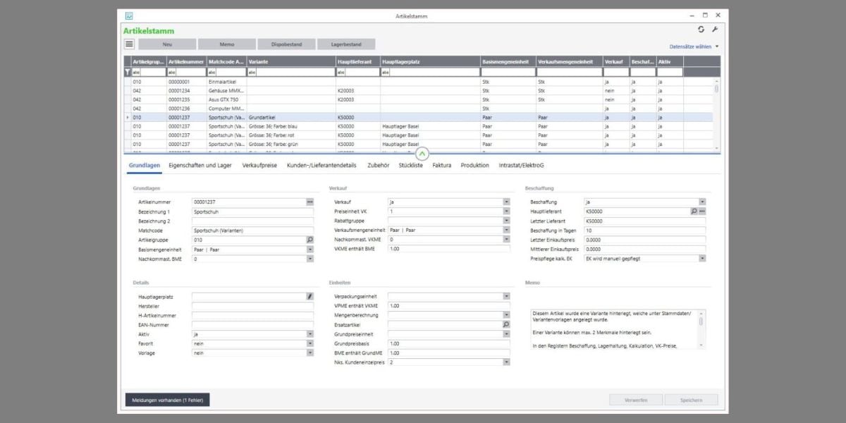 Artikelstamm-Maske in Schweizer ERP-Software mit Produktdetails und Verkaufsdaten