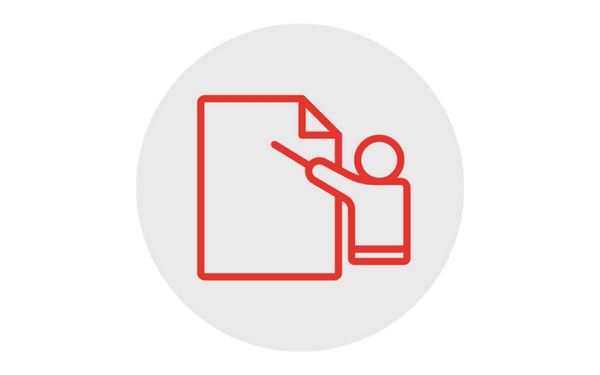Icon von einem Stichmännchen welches auf ein Blatt zeigt 