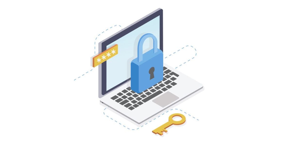 IT-Sicherheit Symbolbild – Laptop mit Vorhängeschloss, Passwortanzeige und Schlüssel als Zeichen für Datenschutz