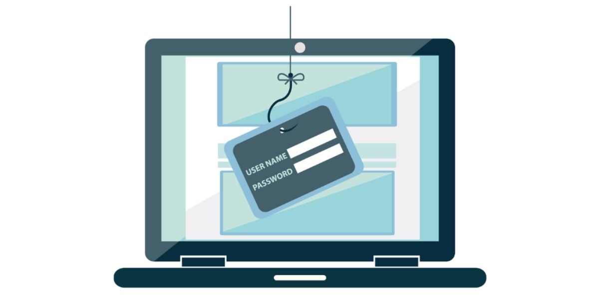 Phishing Angriff Illustration – Login-Maske an Angelhaken auf Laptop-Screen mit Nutzername und Passwort-Feld