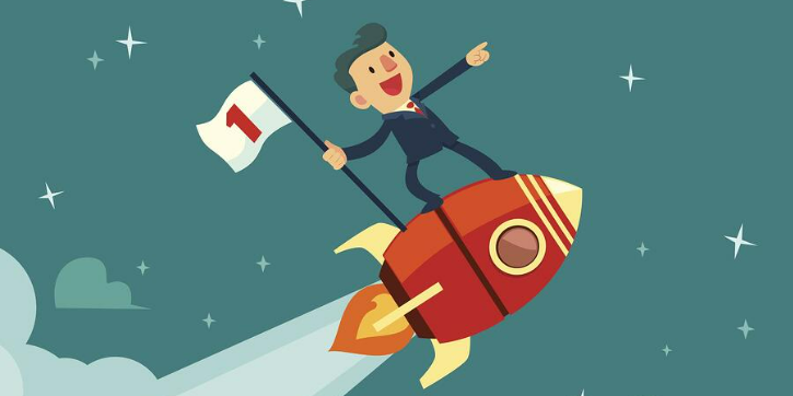 Ein Mann mit einer Flagge auf einer Rakete