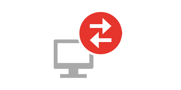 Remote-Desktop-Symbol mit Pfeilen – grauer Bildschirm und rote Verbindung für Fernzugriff oder Datentransfer