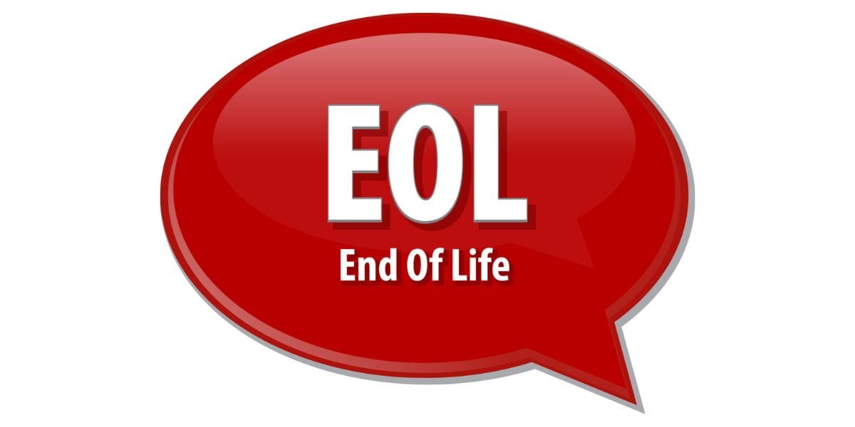 EOL End of Life Symbol in roter Sprechblase – Hinweis auf Supportende von Software oder Produkten