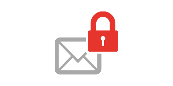 Symbol für verschlüsselte E-Mail – graues Briefumschlag-Icon mit rotem Vorhängeschloss für sichere Kommunikation