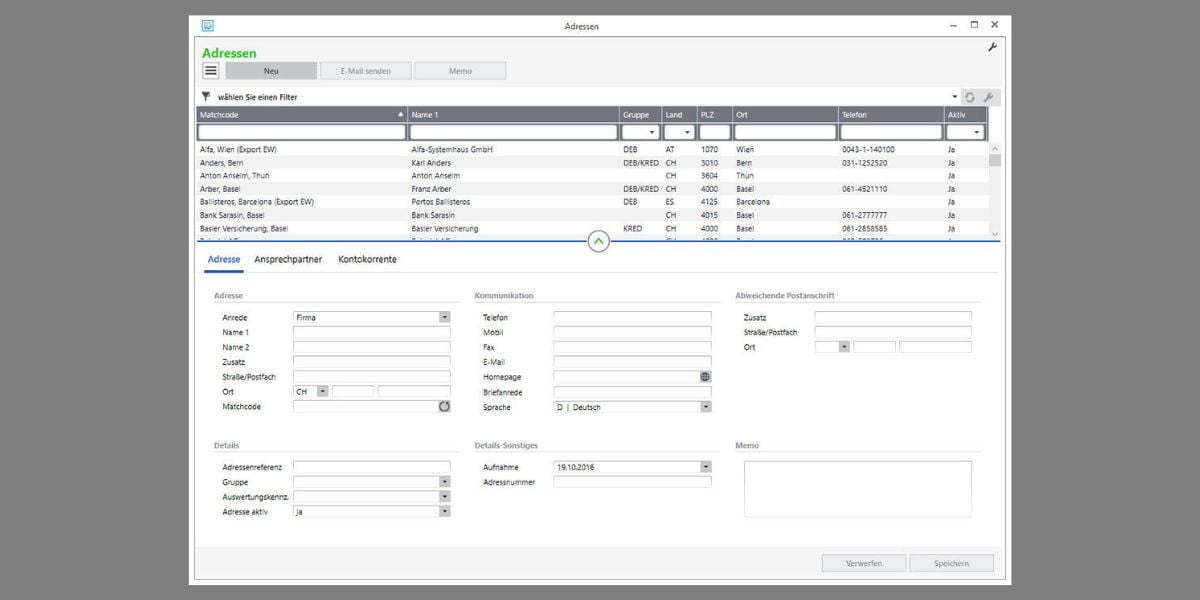 Adressverwaltung in Schweizer ERP-Software mit Stammdatenmaske für Firmenkontakte und Kommunikationsdaten
