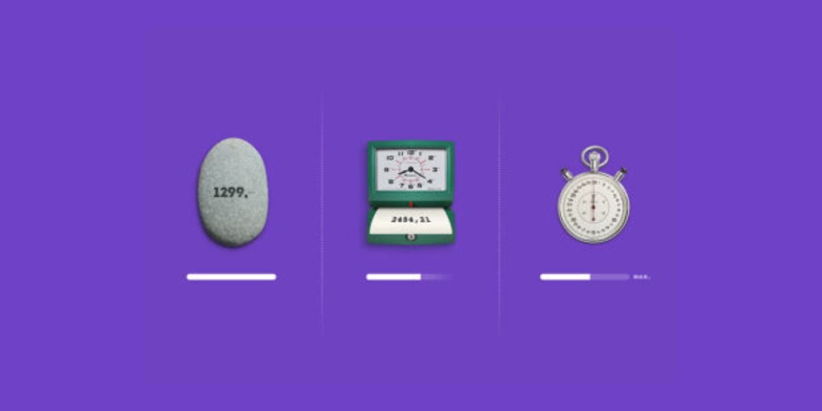 Digitale Ladeanzeige mit Stein, Zählgerät und Stoppuhr – Symbolbild für langsame Ladezeiten und Performance-Vergleich