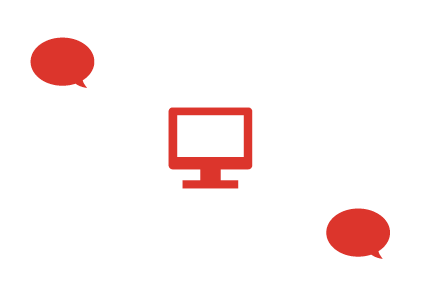 Corporate Communication: Symbolische Darstellung eines vernetzten Kommunikationssystems mit einem Computer und zwei Sprechblasen, die den digitalen Austausch in Unternehmen visualisieren.