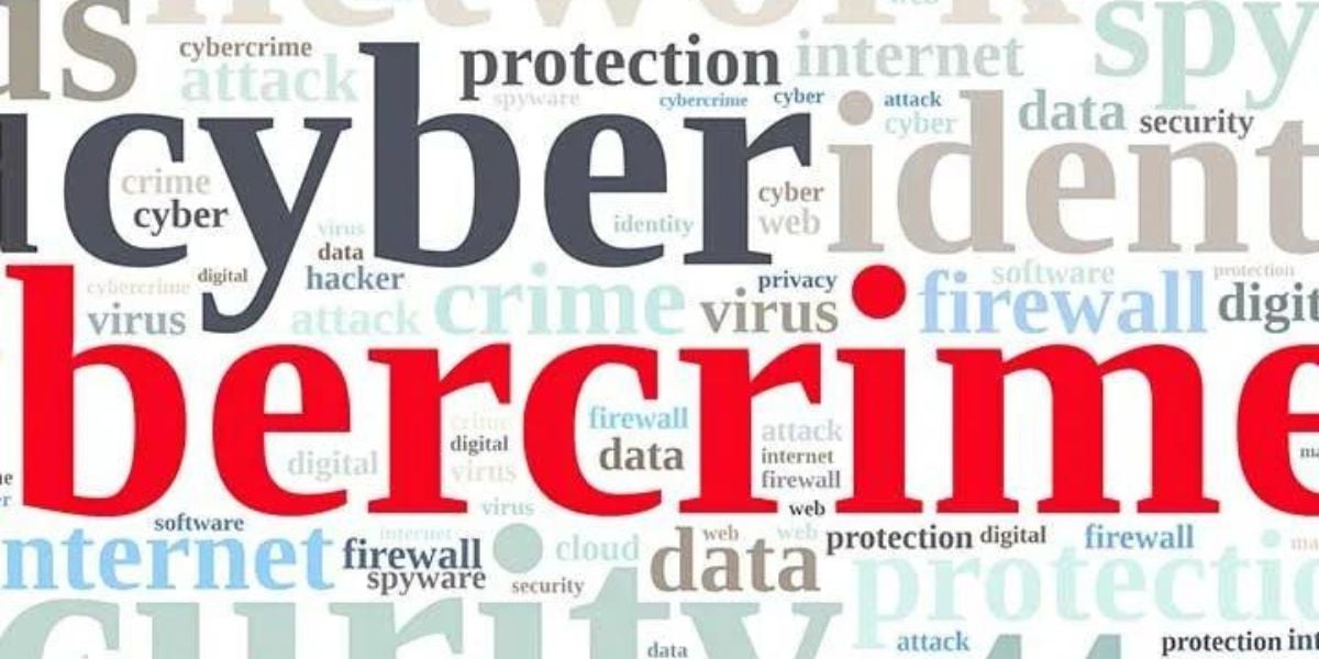 Cybercrime Begriffs-Wolke – Illustration mit Schlagwörtern rund um Internetkriminalität, Datenschutz und IT-Sicherheit