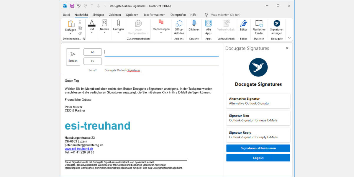 Docugate Outlook Signaturen Oberfläche in Microsoft Outlook mit Beispiel-Signatur von esi-treuhand in Luzern