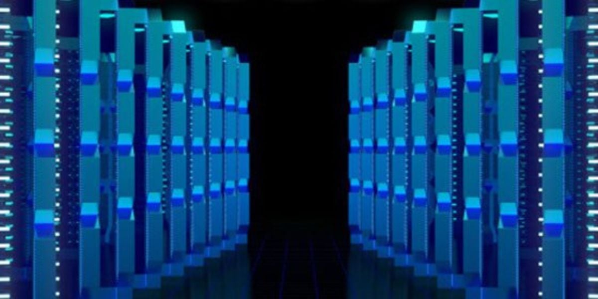 Rechenzentrum Serverracks – digitale Darstellung von blau leuchtenden Serverreihen in moderner Data Center Umgebung